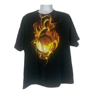 Gildan DryBlend 2XL Mens Black Graphic T-Shirt Flaming Baseball Print Casual